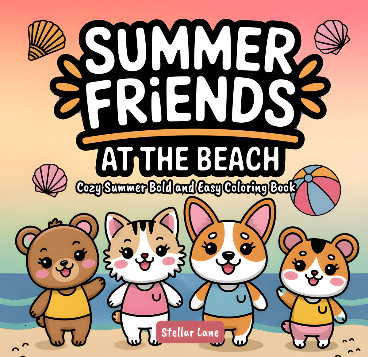 Summer Friends – At the Beach, Cozy Summer Bold and Easy Coloring Book Cover