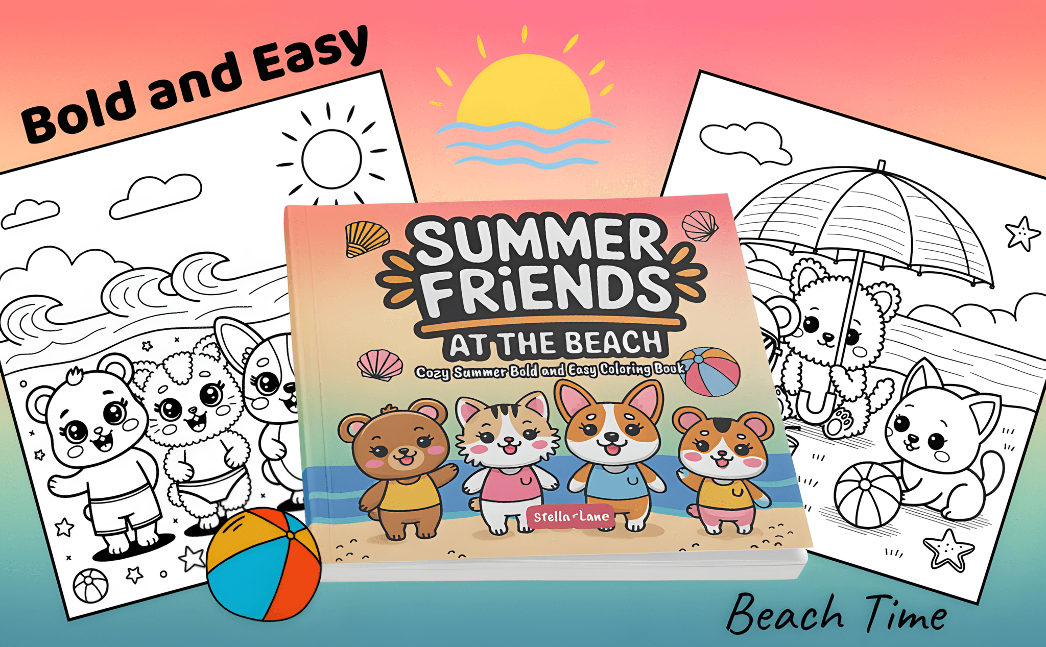 Summer Friends – At the Beach, Cozy Summer Bold and Easy Coloring Book - Module 2 Mockup