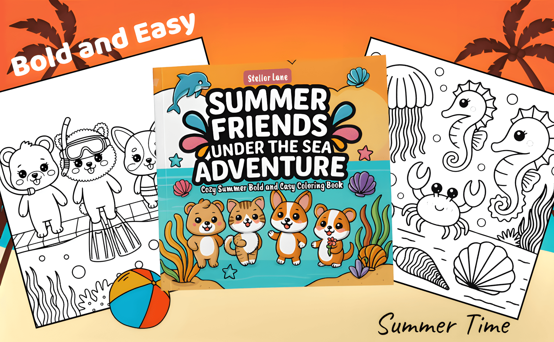 Summer Friends – Under the Sea Adventure, Cozy Summer Bold and Easy Coloring Book - Module 2 Mockup